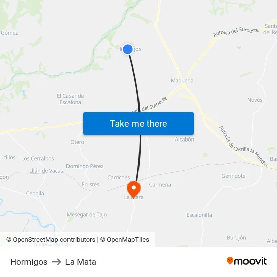 Hormigos to La Mata map