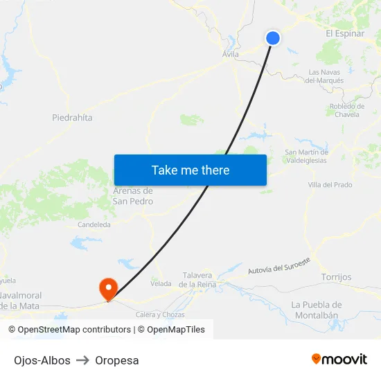 Ojos-Albos to Oropesa map