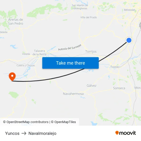 Yuncos to Navalmoralejo map