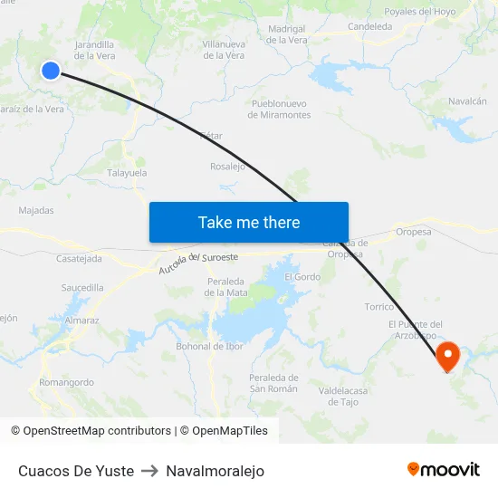 Cuacos De Yuste to Navalmoralejo map