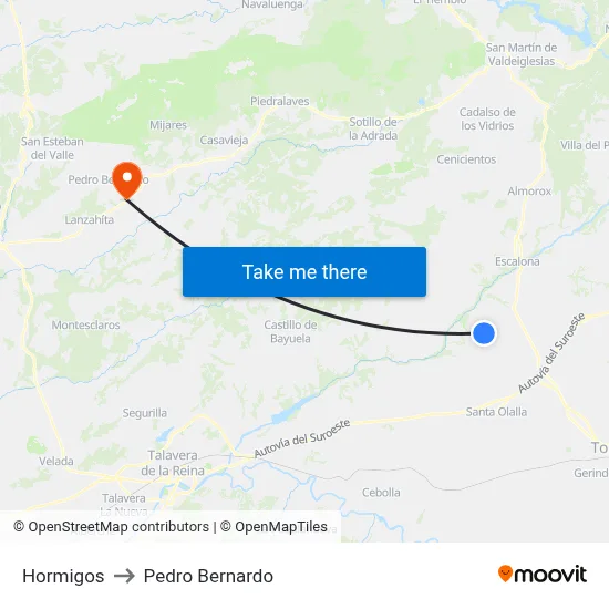 Hormigos to Pedro Bernardo map