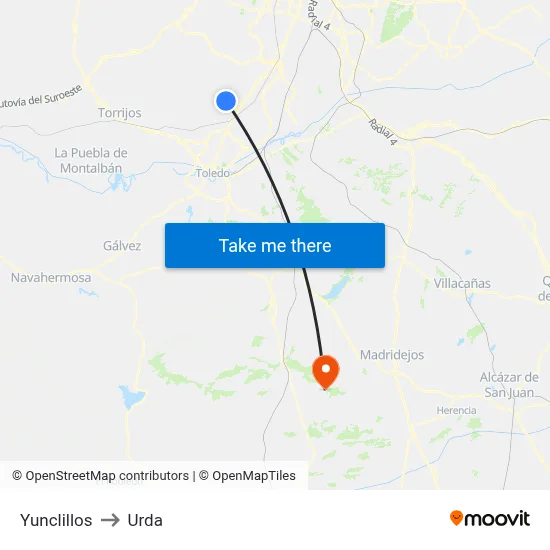 Yunclillos to Urda map