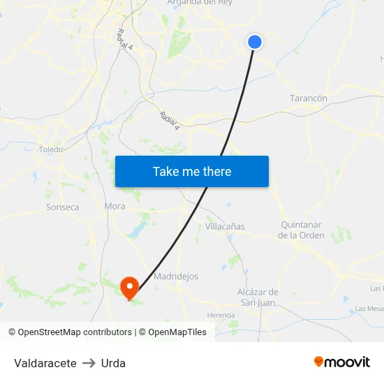 Valdaracete to Urda map