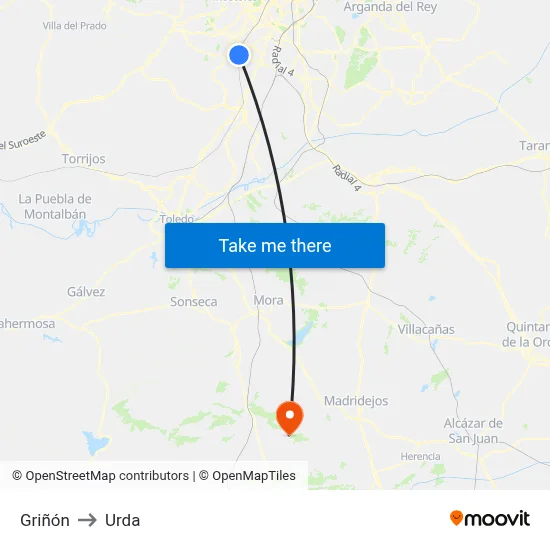 Griñón to Urda map