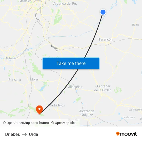 Driebes to Urda map