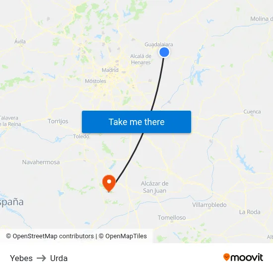 Yebes to Urda map
