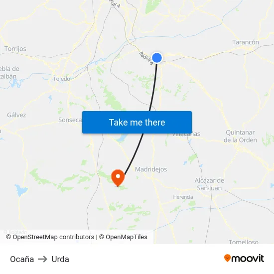 Ocaña to Urda map