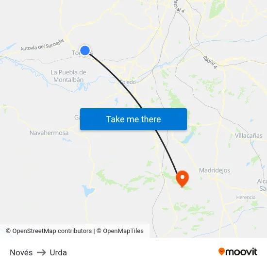 Novés to Urda map