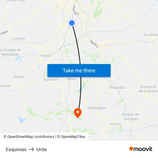 Esquivias to Urda map