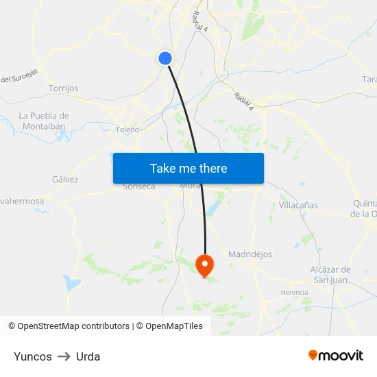 Yuncos to Urda map