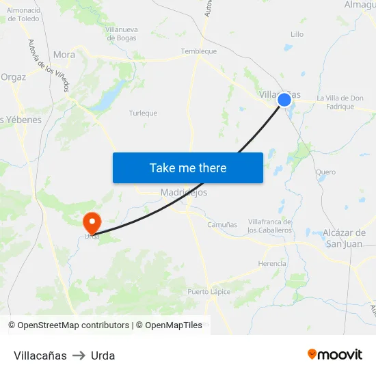 Villacañas to Urda map