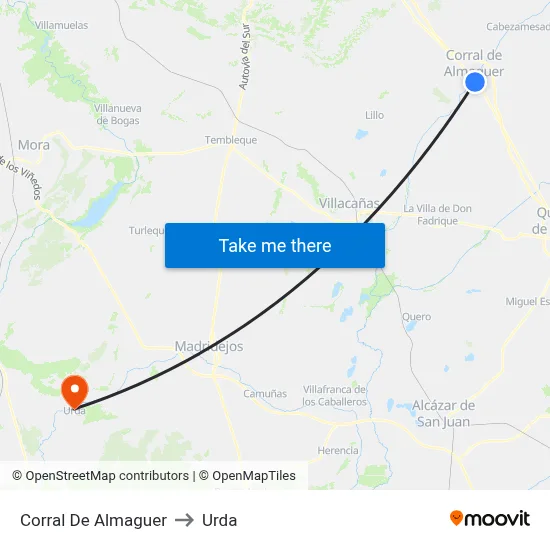 Corral De Almaguer to Urda map