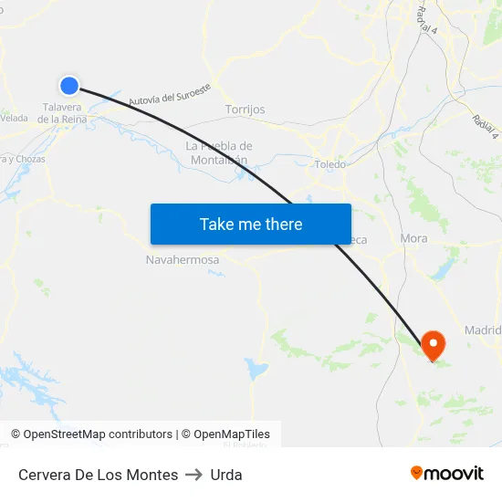 Cervera De Los Montes to Urda map