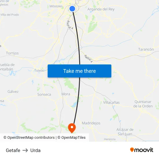 Getafe to Urda map