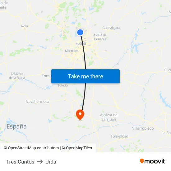 Tres Cantos to Urda map