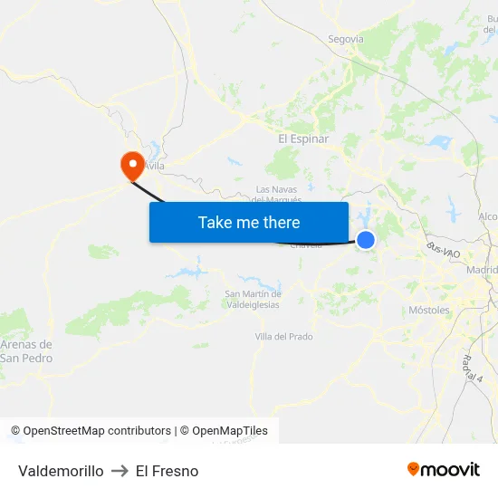 Valdemorillo to El Fresno map
