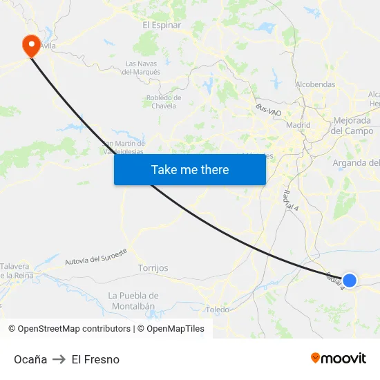 Ocaña to El Fresno map