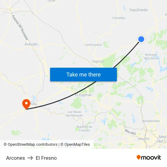 Arcones to El Fresno map