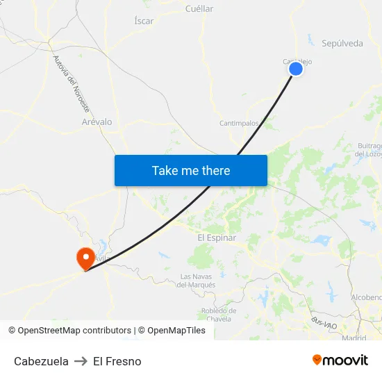 Cabezuela to El Fresno map
