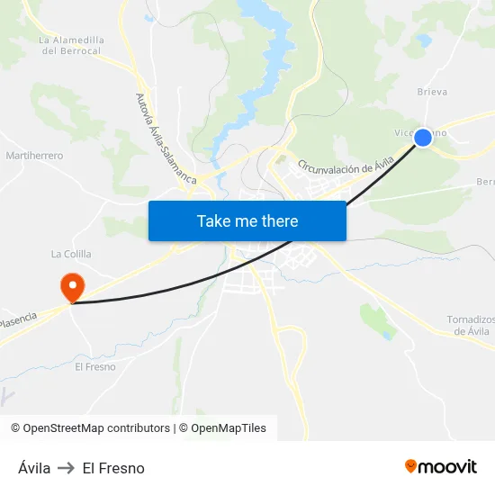 Ávila to El Fresno map