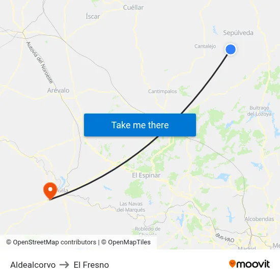 Aldealcorvo to El Fresno map