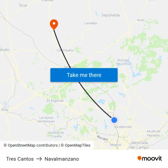 Tres Cantos to Navalmanzano map