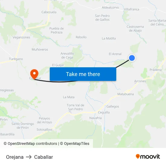 Orejana to Caballar map