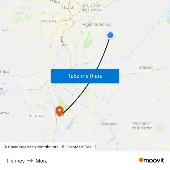 Tielmes to Mora map