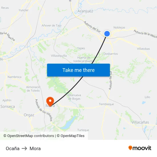 Ocaña to Mora map