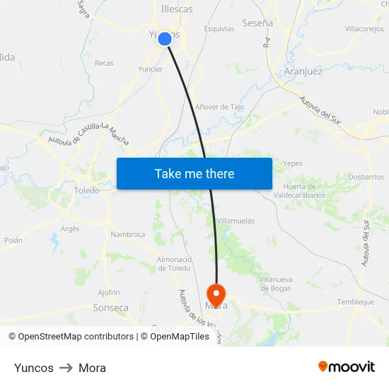 Yuncos to Mora map