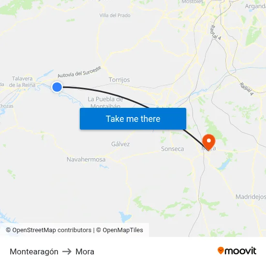 Montearagón to Mora map