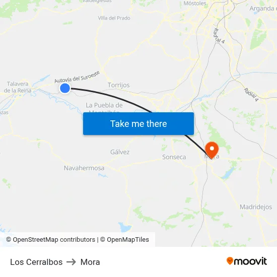 Los Cerralbos to Mora map