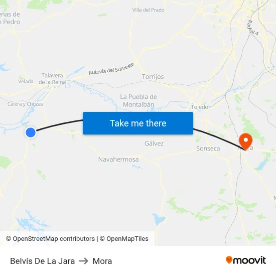 Belvís De La Jara to Mora map