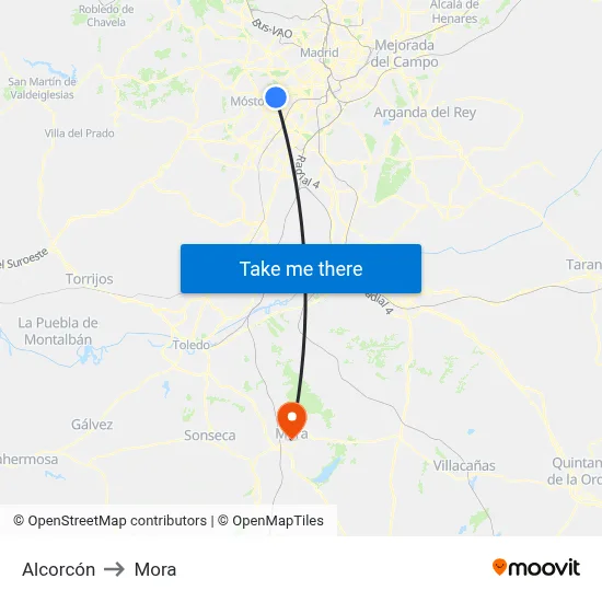 Alcorcón to Mora map