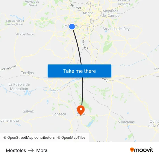 Móstoles to Mora map