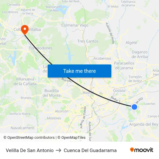 Velilla De San Antonio to Cuenca Del Guadarrama map
