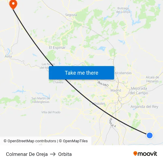 Colmenar De Oreja to Orbita map