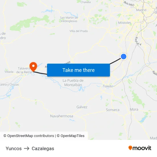 Yuncos to Cazalegas map
