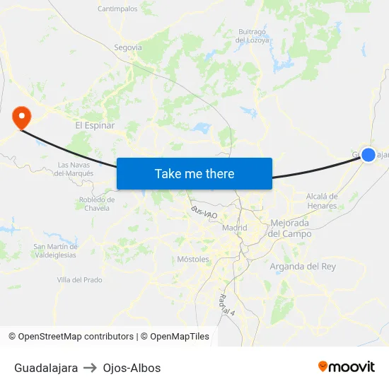 Guadalajara to Ojos-Albos map