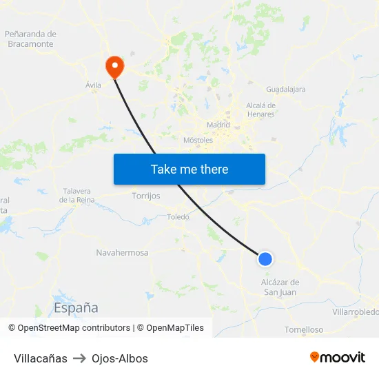 Villacañas to Ojos-Albos map