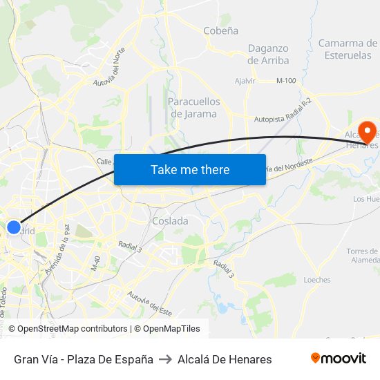 Gran Vía - Plaza De España to Alcalá De Henares map