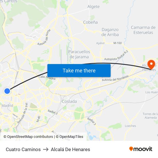 Cuatro Caminos to Alcalá De Henares map