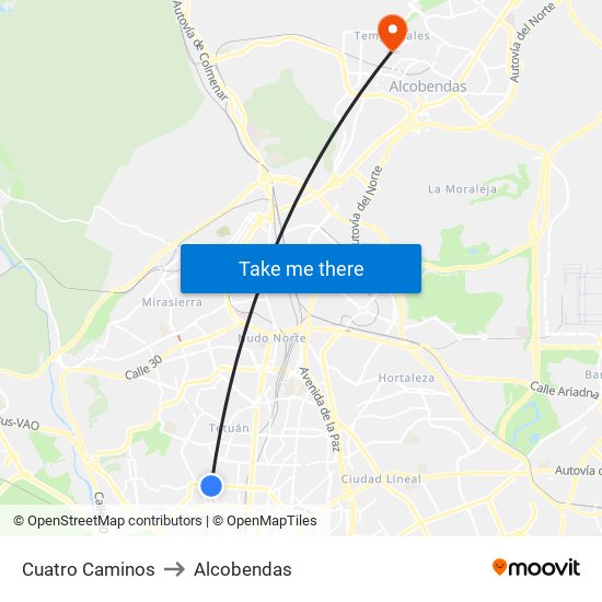 Cuatro Caminos to Alcobendas map