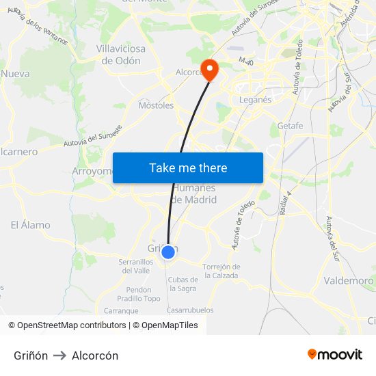 Griñón to Alcorcón map