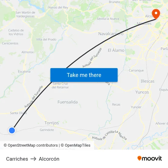 Carriches to Alcorcón map