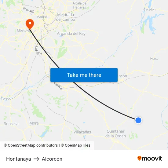 Hontanaya to Alcorcón map