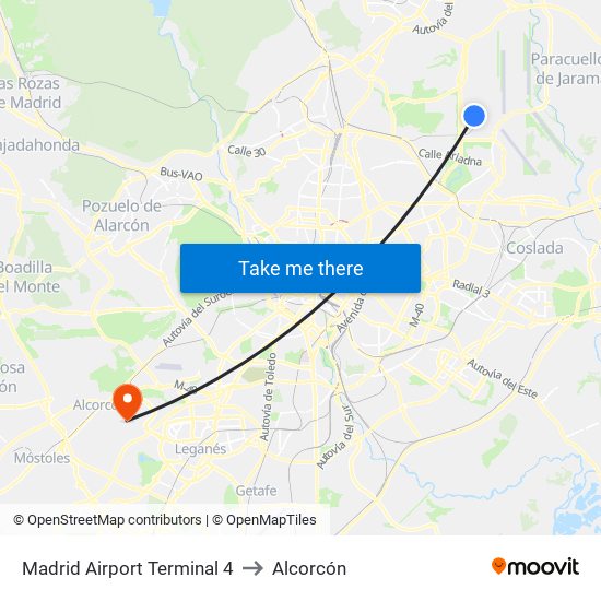 Madrid Airport Terminal 4 to Alcorcón map