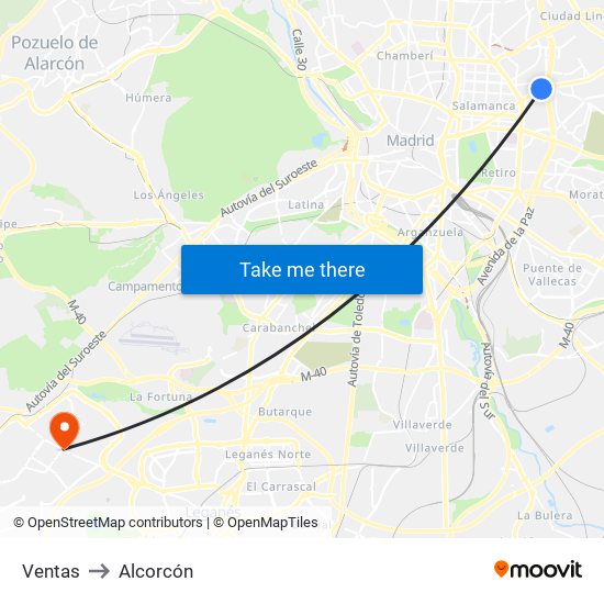 Ventas to Alcorcón map