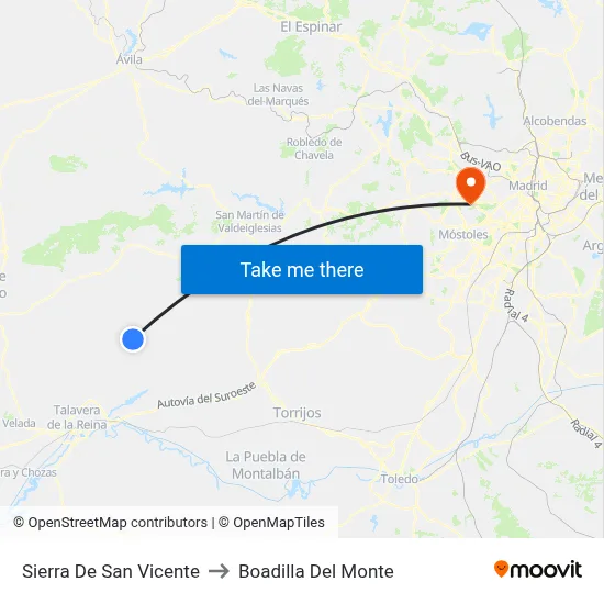 Sierra De San Vicente to Boadilla Del Monte map