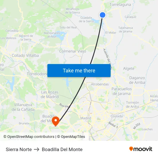 Sierra Norte to Boadilla Del Monte map